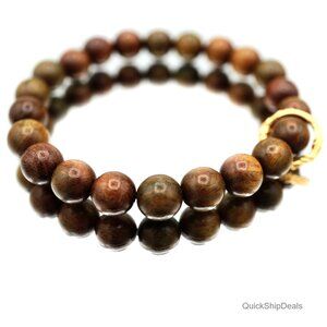 Handmade Wood Bracelet with Gold-Plated Ruyi Ring, Stretch Cord